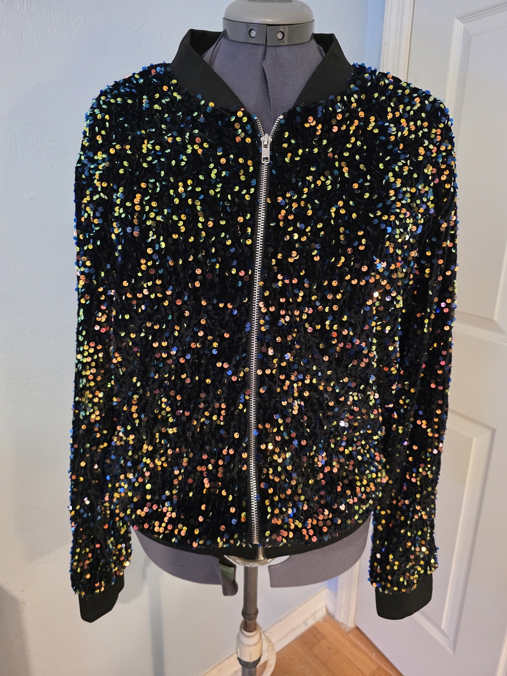 Black Sequin Bomber Jacket with Multi-Colored Sparkle
